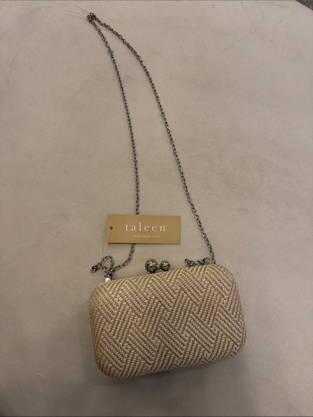 Taleen Cream Woven Chain Wristlet Clutch